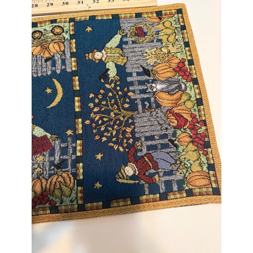 Vintage Fall Harvest Tapestry Table Runner Scarecrow Pumpkin Navy Blue 38 Inch